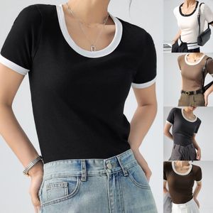 Women's T Shirts Women Summer Casual Top Slim-Fit Simple Short-Sleeve T-shirt All-Matching Color-Block Streetwear H7ef