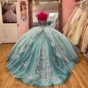 Aqua Blue Sexy Spaghetti Pasek Księżniczka Tiulowa suknia balowa Quinceanera sukienki Meninas de 15 anos aplikacje Ballkleid vestidos de debiutante