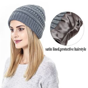 Gorro de malha feminino de inverno com cetim forrado outono boné de cabelo feminino chapéu de lã de malha quente 9 cores atacado