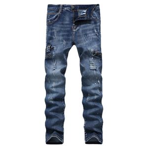 Est Moda Mens Jeans Rasgado Destruído Zipper Slim Straight Biker Skinny Homens Denim Multi Color Calças260l