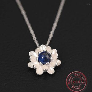 Colares Pingente Amxiu Precioso Lapis Lazuli Colar de Pérolas de Água Doce Flor de Lótus Jóias de Prata para Meninas Estudantes Presente de Aniversário