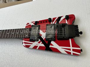 In Stock Eddie Edward Van Halen 5150 Red White Black Strips Headless Electric Guitar Rosewood Fretboard China EMG Pickups Tremolo Bridge Black Hardware Dot Inlay