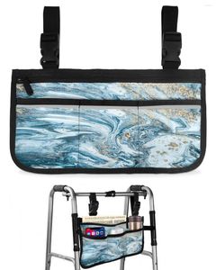 Sacos de armazenamento Mármore Azul e Ouro Abstrato Saco de Cadeira de Rodas com Bolsos Braço Lateral Scooter Elétrico Andando Quadro Bolsa