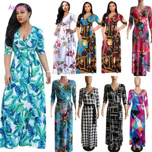 Plus Größe 3XL Kleider Für Frau Maxi Kleider Frühling Herbst V-ausschnitt Floral Gedruckt Rüschen Spitze Up Casual kleid Frauen