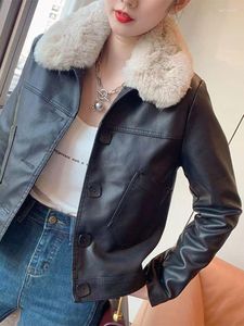 Women's Leather PU Jackets For Women Faux Coat 2023 Autumn Winter Fur Collar Fashion Classic Motorcycle Jacket Double Breasted Clothing