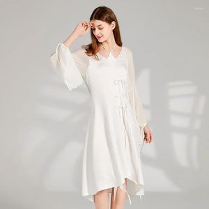 Vestidos casuais jacquard seda branco georgette manga comprida elegante mulheres retalhos rendas decoração invisível lado pull vestido ay253