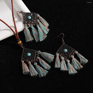 Necklace Earrings Set Vintage Geometric Tassel Hollow Jewellery Natural Turquoises Pendant Leather Rope For Women Girls Jewelry