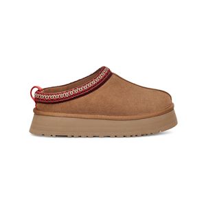 Tazz Slippers Tasman Suede Clog في Chestnut Black Shearling مبطن مضفر مضفر