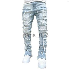 Men's Jeans Men's Jeans Regular Fit Stacked Patch Distressed Destroyed Straight Denim Pants Streetwear Clothes Casual Jean x0911 x0912