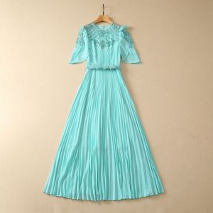 2023 Green Ruffle Sequins Belted Chiffon Dress Short Sleeve Round Neck Pleated Long Maxi Casual Dresses S3L090608