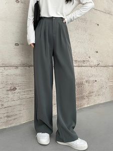 Women's Pants Elastic High Waist Suit For Women Spring Summer Thick Gray Floor-Length Y2K Casual Straight Wide Leg Trousers