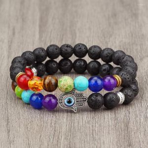 Strand 2st/set reiki 7 chakra pärlor armband män naturlig tiger ögon sten svart lava onyx rock armband armband charm yoga smycken