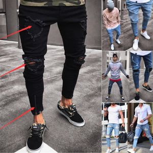 Mode mäns rippade smala jeans förstörde frayed ihålig ut smal fit denim pant270j