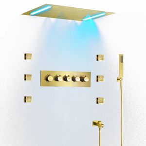 Teto luxuoso 50*36cm led chuvas névoa sistema de chuveiro escovado ouro banheiro termostática torneira do chuveiro conjunto