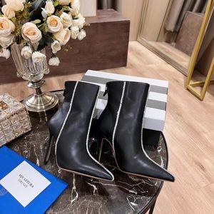 Boots Women Casual Back Zipper Crystal Decoration Fashion half Boot Sheepskin Suede 10.5CM High Heel Pointed Designer Motorcycle boot