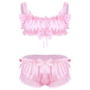 BRAS SETLER MEN SISSY CROSYDRESSING EROTİK EŞİHLİ SET SATIN FILLLILL TEL SU SAKLARI Çiçek Dantel Hem Bowknot Kılavuzları