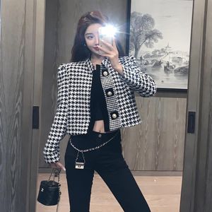 Women's stand collar houndstooth grid woolen long sleeve short jacket SMLXL289U