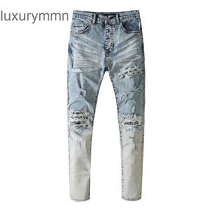 Denim Amiryes Jeans Designer Pants Man Mens Jean Off wash water blue hole worn cashew nut light Slim Fit Men's and women's high street fashion brand IH01