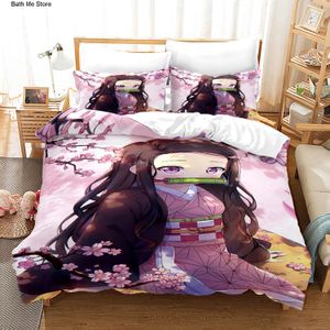 Sängkläder sätter Nezuko Kamado Sängkläder Set Anime Demon Slayer Däcke Cover Comporter Bed Linen Single Twin Full Queen Size 3D Kids Girl Boys Gift 230909