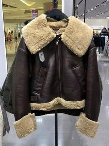 Kvinnor läder ly varey lin höst vinter kvinnor vintage avslappnad tjock varm kort pu coat lady streetwear lösa faux lamm päls jackor