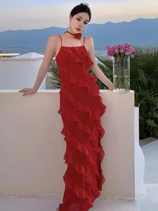 Casual Dresses Summer Elegant Red Ruffles Sexig klubb Split Lång klänning för kvinnors slipkläder Backless Slim Evening Prom Robe