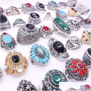 Cluster Rings Wholesale 50Pcs/Lot Womens Retro Antique Sier Stone Rhinestone Vintage Jewelry Ring Mix Styles Brand New Drop With A Del Dhlc3