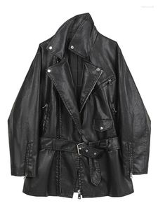 Damen Leder FTLZZ Frühling Herbst Frauen Mode Moto Biker Pu Jacke Streetwear Revers Reißverschluss Faux Mantel Mit Gürtel Lose outwear