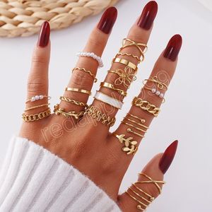 Trendy Geometric Flower Leaf Rings for Women Gold Color Silver Color Intersecting Pearl Rings Set Fashion Jewelry Gifts