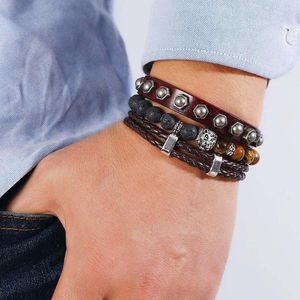 Strand Fashion Wristband Beaded Multi-Layer Wood Leather Braided Bracelet Men Women Bangles Ethnic Style