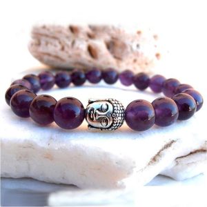 Perline Sn0561 Bracciale in pietra di moda Donna Uomo Ametista Buddha Gioielli Viola Yoga Braccialetti con consegna di goccia Dhgarden Dhp4A