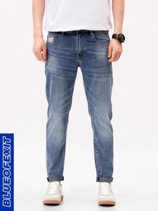 Men's Jeans BLUEOFEXIT Summer Thin Men Light Blue Slim Denim Pants Casual Stretch Scratched Design Trend Pencil