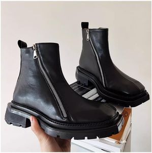 Male Sqaure Toe Ankle Boots Zipper Platform Motorcycle Boots for Men Split Leather Short Boots Fashion Streetwear For Boys Party Boots 38-45