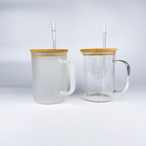 Toptan Toplu 17 oz boş süblimasyon BPA ücretsiz yeniden kullanılabilir kristal berraklığında buzlu yüksek borosilikat cam kahve kupaları bambu kapakları ve pipetler