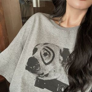 여자 티셔츠 강아지 인쇄 짧은 슬리핑 여름 새로운 캐주얼 미드 길이 느슨한 그림 아첨 라운드 넥 블라우스