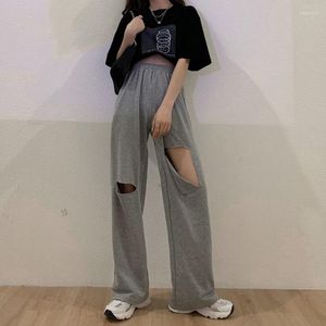 Calças femininas primavera 2023 verão calças de cintura alta mulheres harajuku coreano moda amigos personalidade vintage buraco sexy perna larga calça