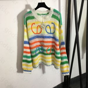 Hollow Color Stripe Sweater Women Loose Embroidery Knit Sweater Fashion Designer Pullover Knitwear