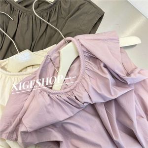 Plated Drawstring Waist Design Round Neck Pullover Vest Shirt Womens Korean Loose Temperament Short Summer