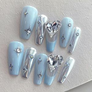 Uñas postizas ballet largo francés cielo azul estrellas Y2K prensa en uñas brillo amor diamante decoración plata metálico desgaste falso