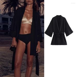 Женские блузки, черные кимоно, женское лето 2023, элегантное длинное кимоно, блузка с поясом и рукавами, женские модные пляжные топы