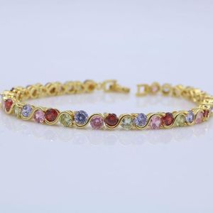 Braccialetti a maglie Taglio rotondo Bracciale multicolore pavimentato con zirconi Catena da polso Riempito in oro giallo Moda Donna Ragazze Regalo brillante di lusso