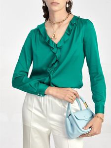 Kvinnors blusar Autunm Fashion Elegant Ruffled V-Neck långärmad ättiksyra Satin Shirt Plus Size Office Lady Ice Silk Blus Tops 7xl
