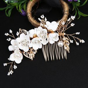 Pearl Rhinestone Hairpin for Women Hair Combs Headbonad Prom Bridal Wedding Crown Elegant Hair Accessories Alloy Leaf Headwear