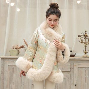 Women's Fur 2023 Winter Women Faux Coat Embroidered Satin Imitation Shawl Fashion Bead Tang Suit Cloak Thicken Warm Outwear