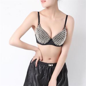 Camisoles Tanks Women Bra with Spikes Cotton Ladyセクシーなメタリックダンスラインストーンと角