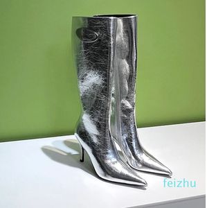 Joelho-botas altas salto oval fivela de metal decorativo zíper lateral botas de moda de salto alto apontado designer de luxo cera de óleo couro genuíno botas altas