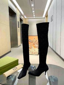 Designer Luxury Boot Classic Hot Fix Heeled Booties Woman Pumps äkta läder pekade över knästövlarna Shimmer High Boots skor Storlek 35-42