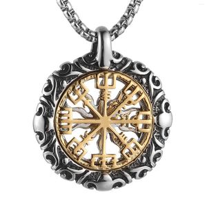 Anhänger Halsketten HZMAN Nordische Wikinger Vegvisir Kompass Halskette Edelstahl Retro Hohle Sonne Amulett Schmuck Geschenk für Männer Jungen