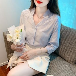 Frauen Blusen Elegante Stickerei Damen Baumwolle Shirts Mode 2023 Frühling Sommer Kurzarm Tops Blusas Mujer