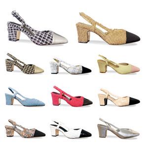 Slingback Pumps Tweed Beige Black Premium Skórzany materiał Corduroy wielokolorowy Wyrafinowany obcas