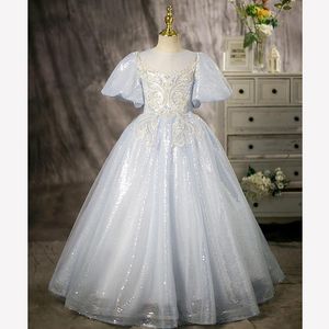 Ny Blue Bling Flower Girls For Wedding Cap ärmar Baby Birthday Party Christmas Dresses Barn Girl Ball Gown Tulle Puffy Kids Communion Dress 403